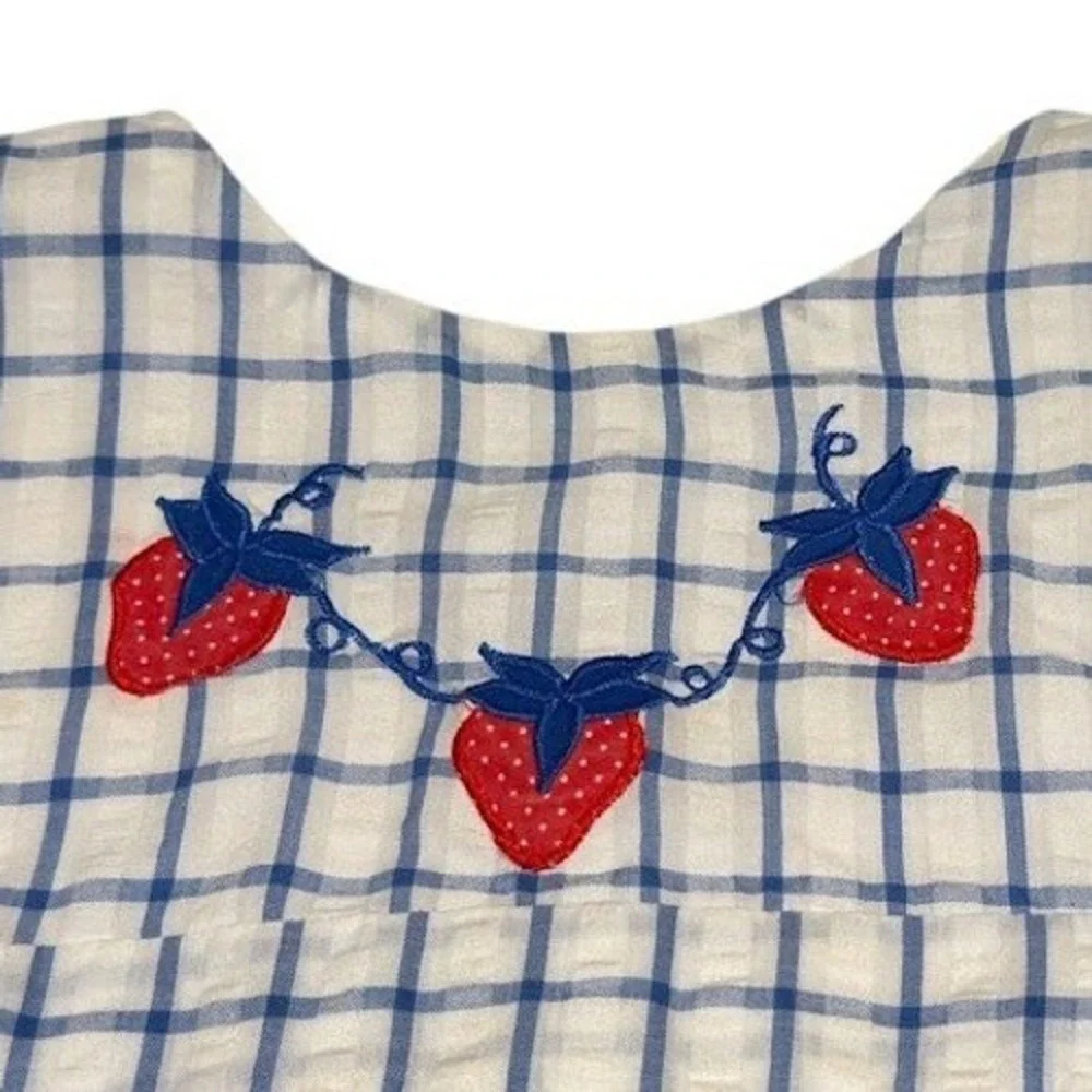 Vintage Girls 4T Strawberry Embroidered Blue Check Seersucker  Dress 4th of July